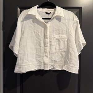 Zara White Linen Button-Up Cropped Shirt (L)
